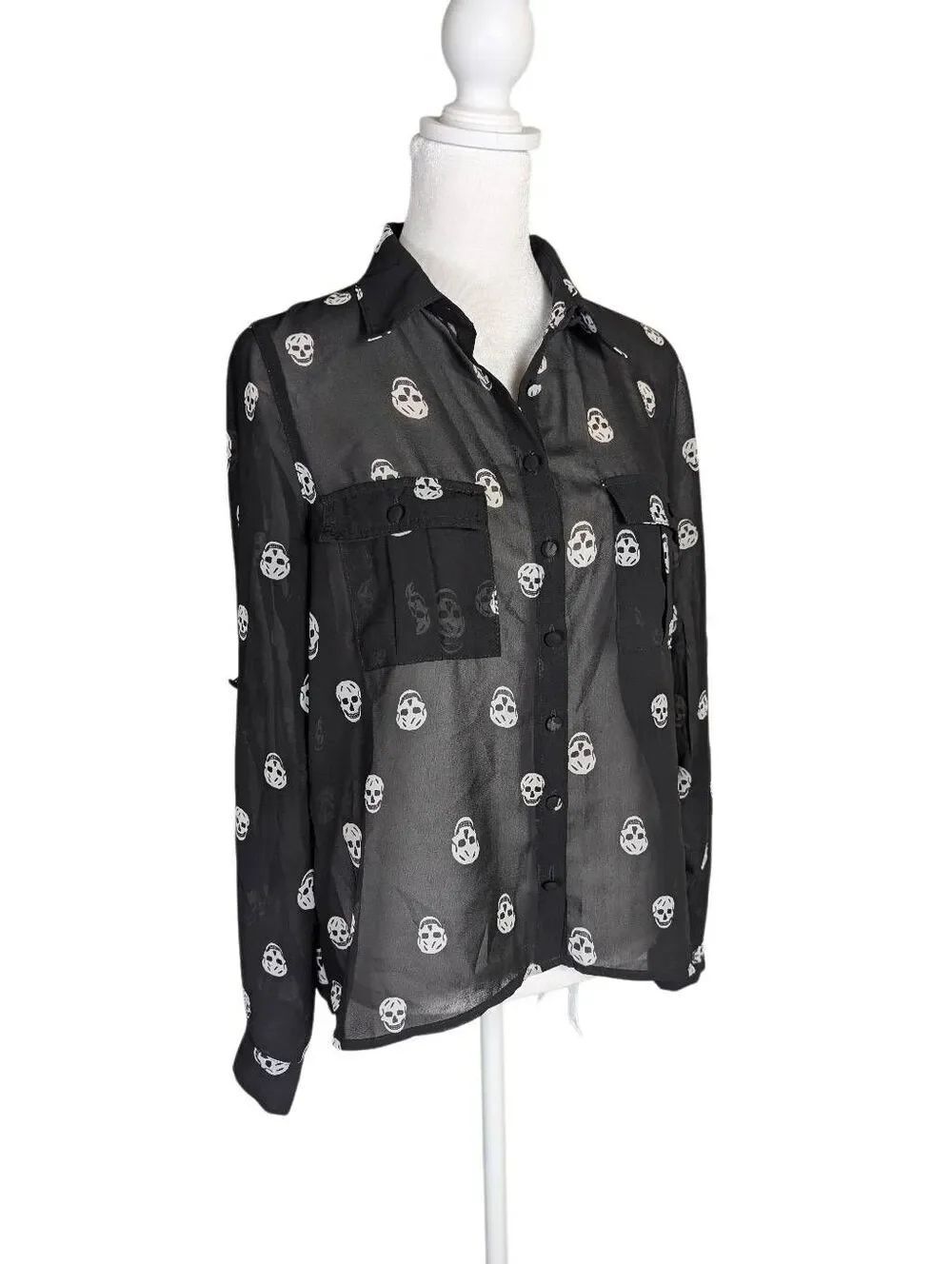 Cotton On Black & White skull print sheer roll tab blouse top womens XS